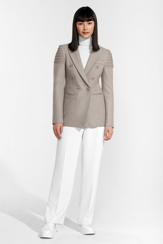 Sentaler Double Breasted Peak Collar Blazer featured in Superfine Alpaca and available in Simply Taupe. Seen from front.