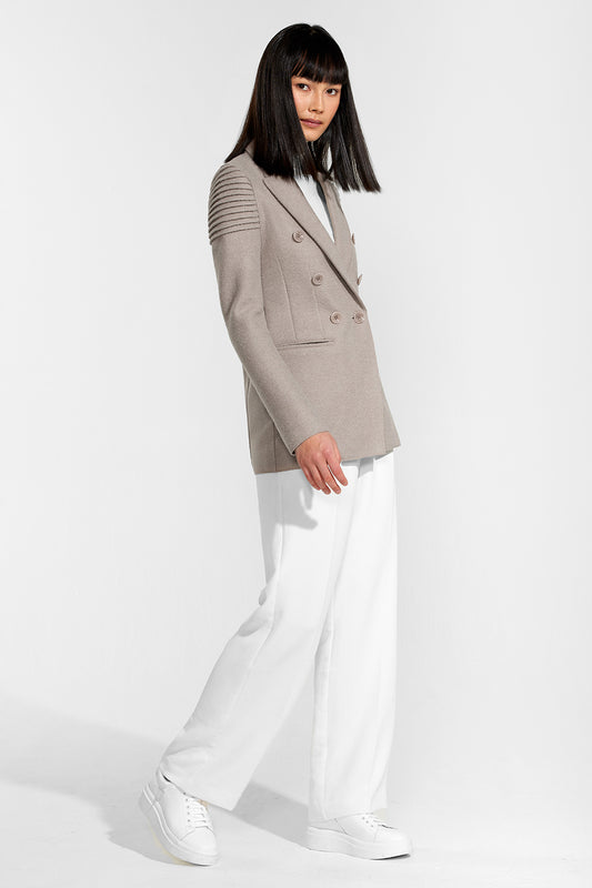 Sentaler Double Breasted Peak Collar Blazer featured in Superfine Alpaca and available in Simply Taupe. Seen from side.