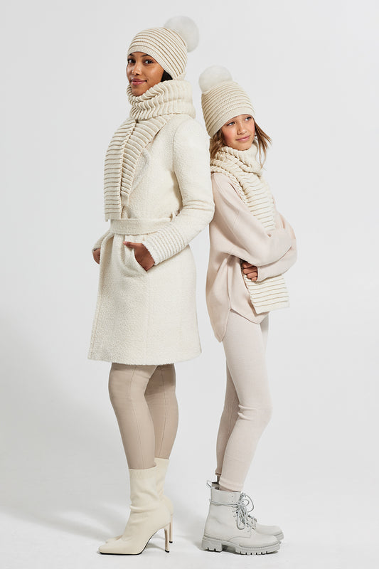 Sentaler Kids (6-14 Years) Ribbed Accessories featured in Baby Alpaca and available in Ivory. Seen in adult & kid from front.