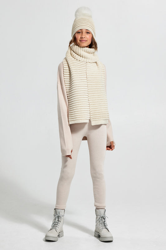 Sentaler Kids (6-14 Years) Ribbed Hat with Oversized Fur Pompon featured in Baby Alpaca and available in Ivory. Seen from front.