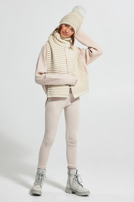 Sentaler Kids (6-14 Years) Ribbed Hat with Oversized Fur Pompon featured in Baby Alpaca and available in Ivory. Seen from front.
