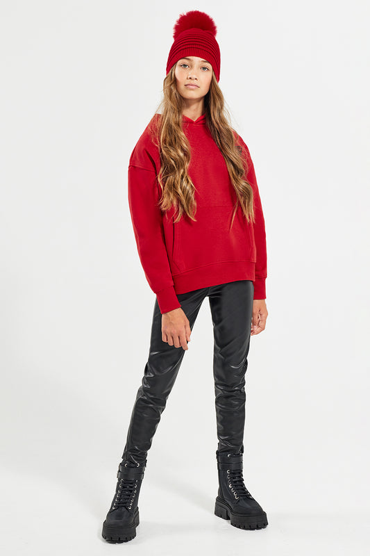 Sentaler Kids (6-14 Years) Ribbed Hat with Oversized Fur Pompon featured in Baby Alpaca and available in Red. Seen from front.