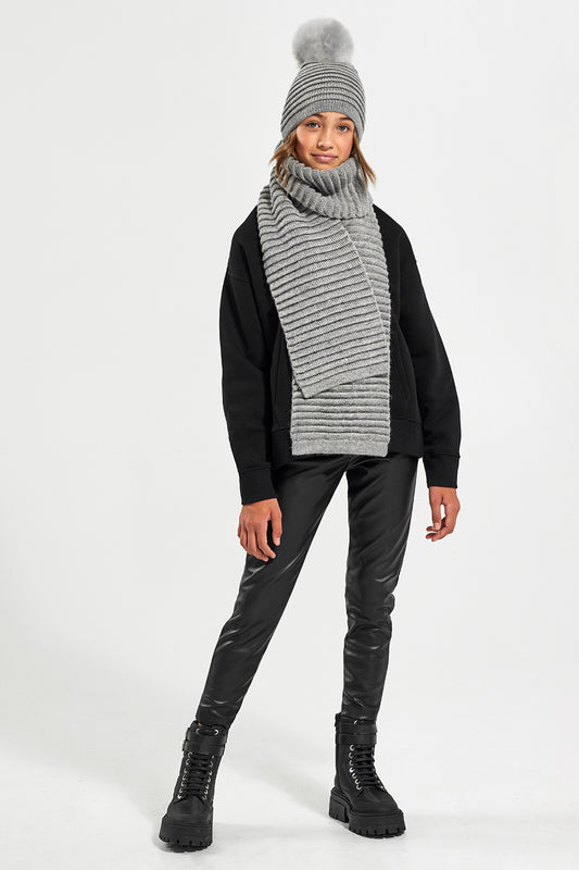 Sentaler Kids (6-14 Years) Ribbed Scarf featured in Baby Alpaca and available in Grey. Seen from front.