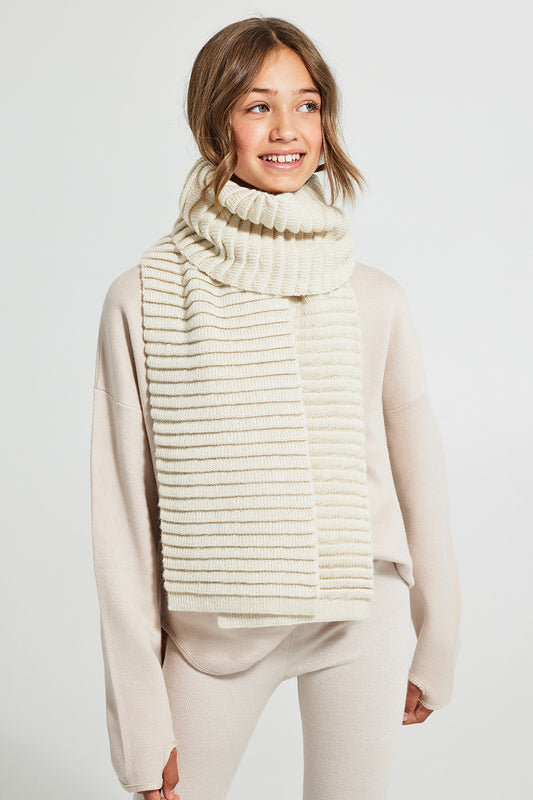 Sentaler Kids (6-14 Years) Ribbed Scarf featured in Baby Alpaca and available in Ivory. Seen from front.