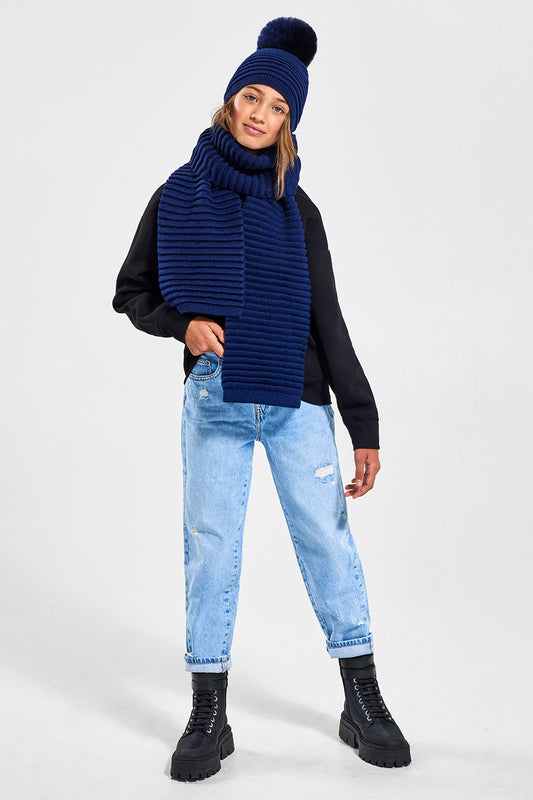 Sentaler Kids (6-14 Years) Ribbed Scarf featured in Baby Alpaca and available in Navy. Seen from front.