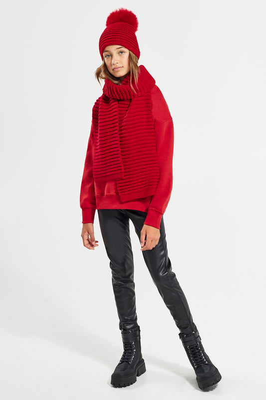 Sentaler Kids (6-14 Years) Ribbed Scarf featured in Baby Alpaca and available in Red. Seen from front.