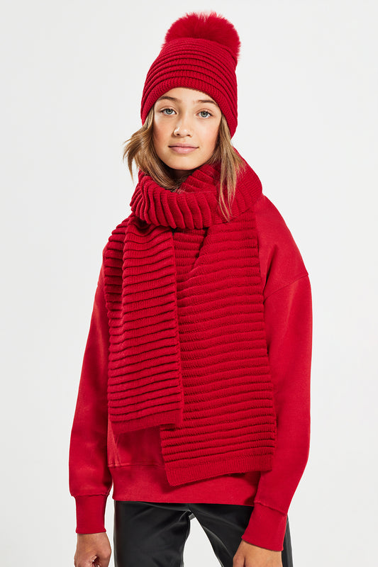 Sentaler Kids (6-14 Years) Ribbed Scarf featured in Baby Alpaca and available in Red. Seen from front.