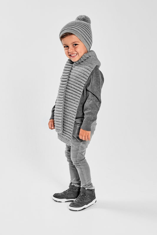 Kids Ribbed Hat with Oversized Knit Pompon, Grey