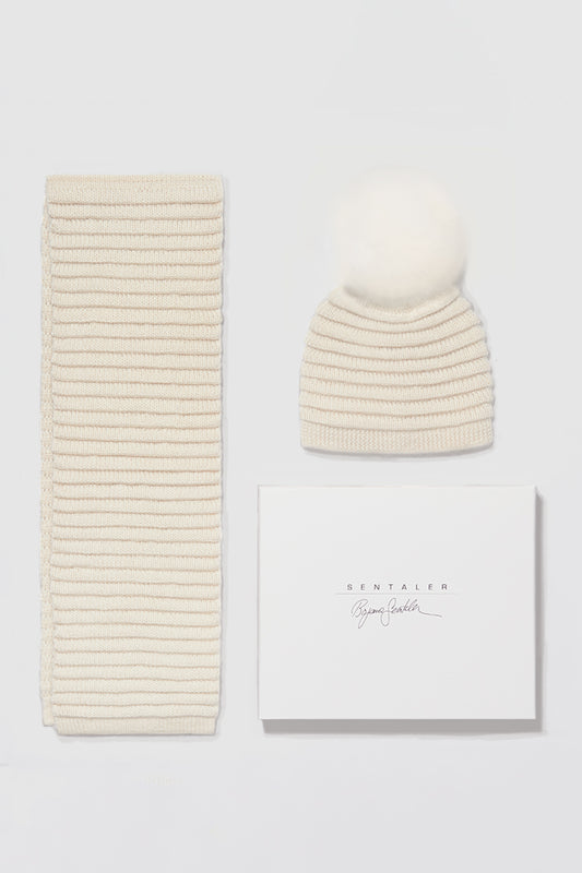 Kids Ribbed Hat with Oversized Fur Pompon, Ivory