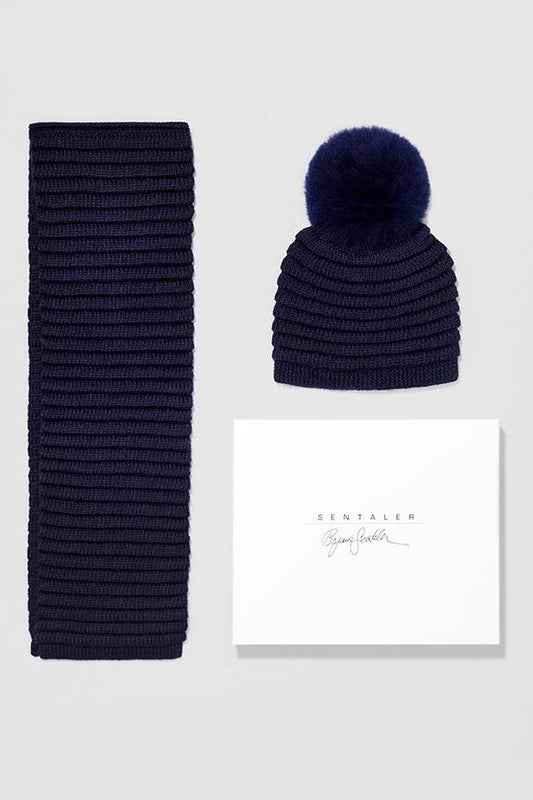 Kids Ribbed Hat with Oversized Fur Pompon, Navy