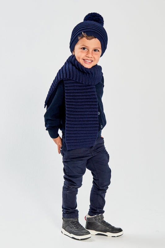 Kids Ribbed Hat with Oversized Knit Pompon, Navy