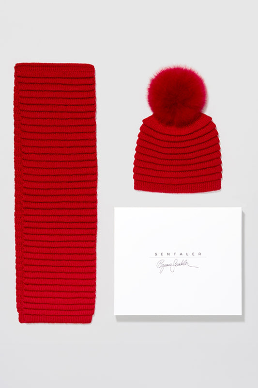 Kids Ribbed Hat with Oversized Fur Pompon, Red
