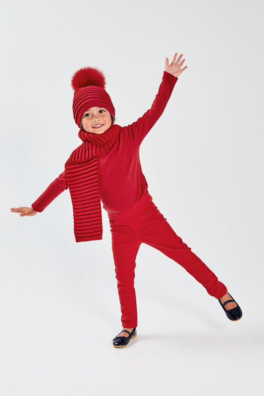 Kids Ribbed Hat with Oversized Fur Pompon, Red