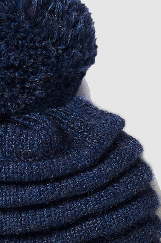 Kids Ribbed Hat with Oversized Knit Pompon, Navy