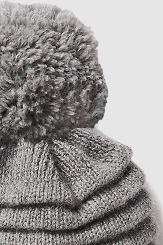 Kids Ribbed Hat with Oversized Knit Pompon, Grey