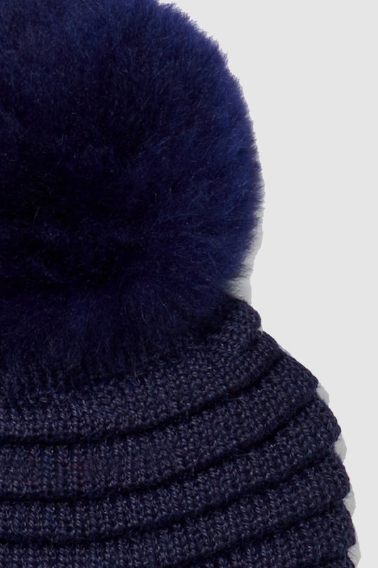 Kids Ribbed Hat with Oversized Fur Pompon, Navy