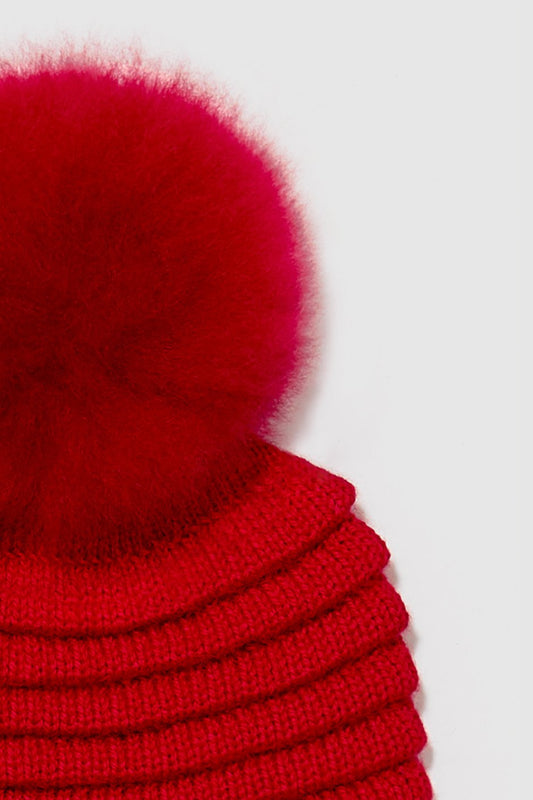 Kids Ribbed Hat with Oversized Fur Pompon, Red