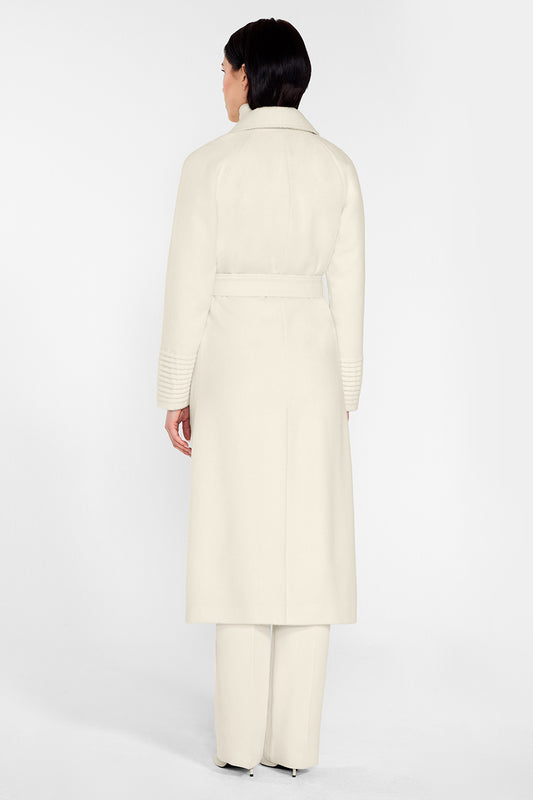 Sentaler Long Notched Collar Raglan Sleeve Wrap Coat and Baby Alpaca Classic Scarf featured in Baby Alpaca and available in Ivory. Seen from back on female model who is wearing the coat belted.