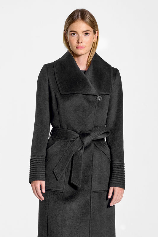 Sentaler Long Wide Collar Wrap Coat featured in Baby Alpaca and available in Black. Seen from front above the knees on model.
