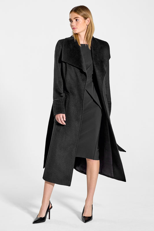 Sentaler Long Wide Collar Wrap Coat featured in Baby Alpaca and available in Black. Seen from front open on model.