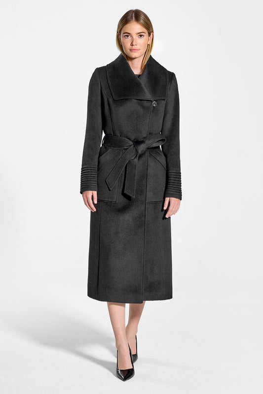 Sentaler Long Wide Collar Wrap Coat featured in Baby Alpaca and available in Black. Seen from front on model.