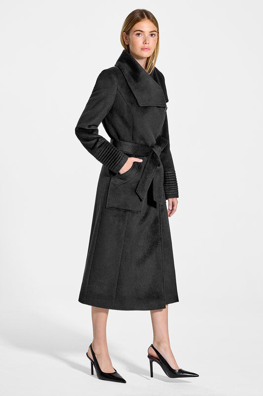 Sentaler Long Wide Collar Wrap Coat featured in Baby Alpaca and available in Black. Seen from side on model.