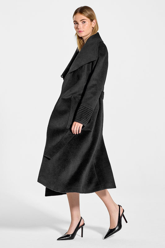 Sentaler Long Wide Collar Wrap Coat featured in Baby Alpaca and available in Black. Seen from side open on model.