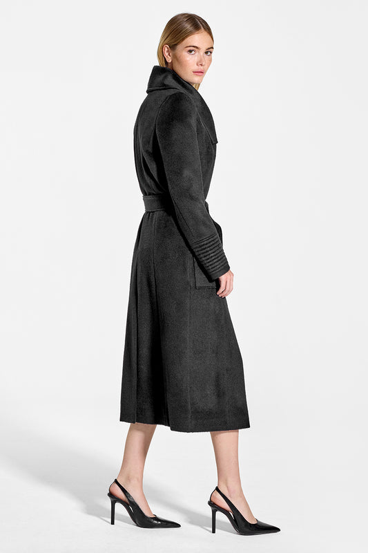 Sentaler Long Wide Collar Wrap Coat featured in Baby Alpaca and available in Black. Seen from side on model.