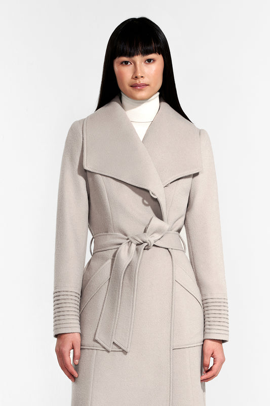 Sentaler Long Wide Collar Wrap Coat featured in Baby Alpaca and available in Bleeker Beige. Seen from front above the knee.