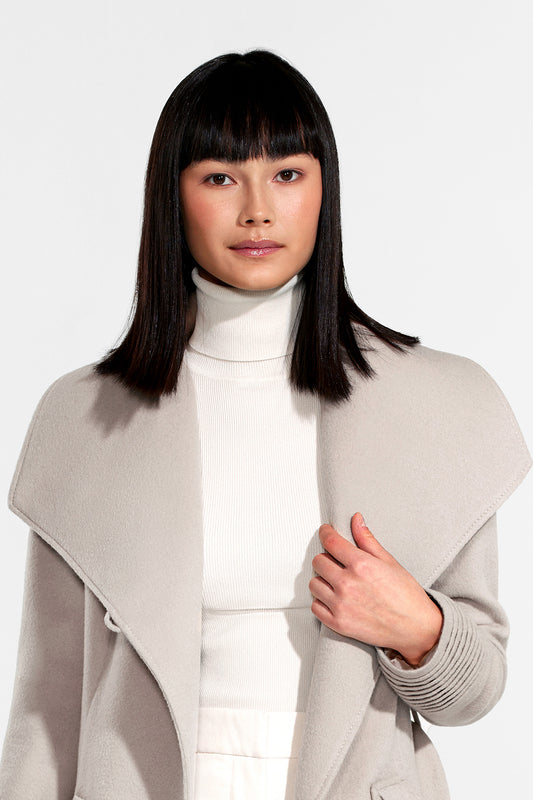 Sentaler Long Wide Collar Wrap Coat featured in Baby Alpaca and available in Bleeker Beige. Seen from front open close up.