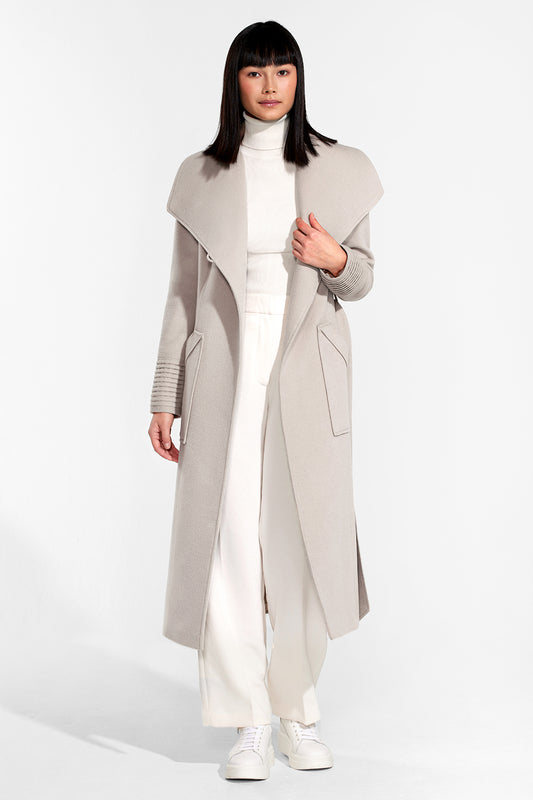 Sentaler Long Wide Collar Wrap Coat featured in Baby Alpaca and available in Bleeker Beige. Seen from front open.