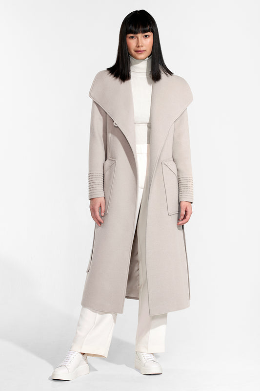 Sentaler Long Wide Collar Wrap Coat featured in Baby Alpaca and available in Bleeker Beige. Seen from front open.