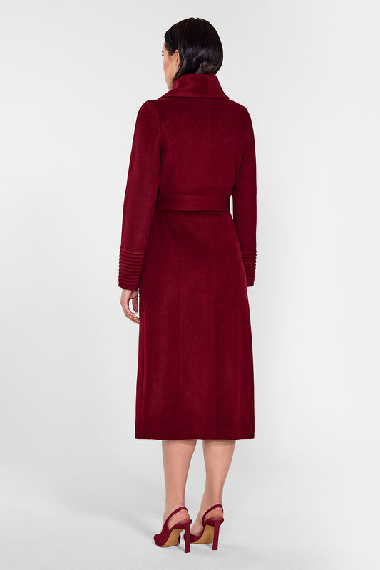 Sentaler Long Wide Collar Wrap Coat featured in Baby Alpaca and available in Garnet Red. Seen from back on female model who is wearing the coat belted.