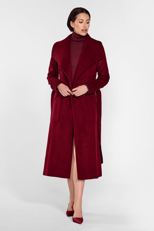 Sentaler Long Wide Collar Wrap Coat featured in Baby Alpaca and available in Garnet Red. Seen from front on female model who is wearing the coat open.