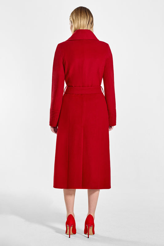 Sentaler Long Wide Collar Wrap Coat featured in Baby Alpaca and available in Scarlet Red. Seen from back on model.