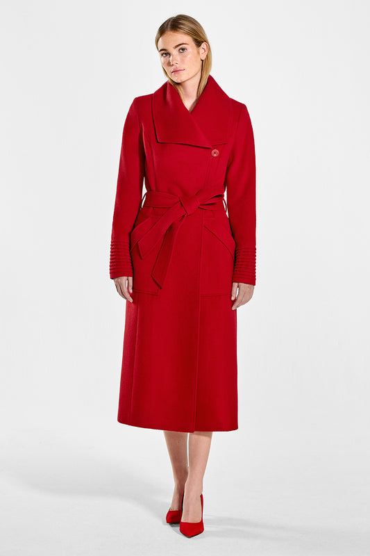 Sentaler Long Wide Collar Wrap Coat featured in Baby Alpaca and available in Scarlet Red. Seen from front on model.