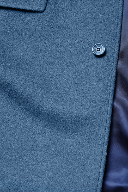 Sentaler Technical Baby Alpaca Notched Lapel Overcoat featured in Technical Baby Alpaca and available in Vintage Blue. Seen fabric up close.