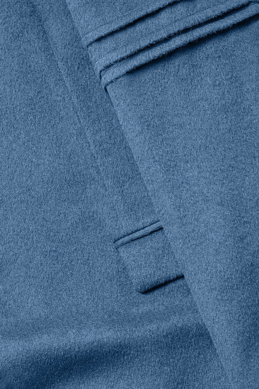 Sentaler Technical Baby Alpaca Notched Lapel Overcoat featured in Technical Baby Alpaca and available in Vintage Blue. Seen fabric up close.