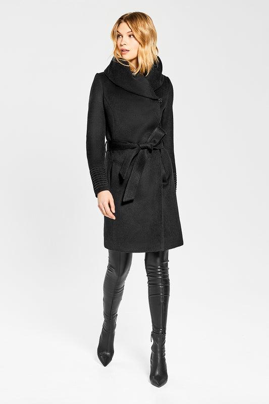 Sentaler Mid Length Hooded Wrap Coat featured in Baby Alpaca and available in Black. Seen from front on model.