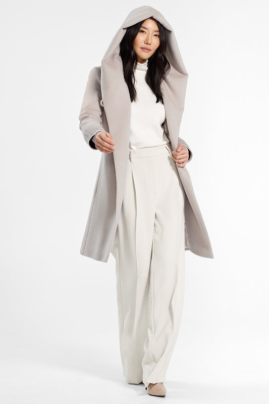 Sentaler Mid Length Hooded Wrap Coat featured in Baby Alpaca and available in Bleeker Beige. Seen open.