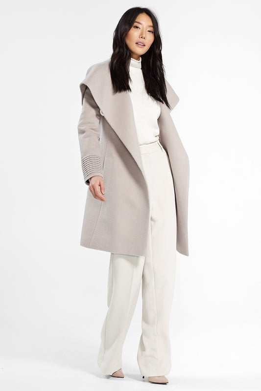 Sentaler Mid Length Hooded Wrap Coat featured in Baby Alpaca and available in Bleeker Beige. Seen open.