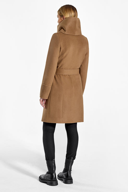 Sentaler Mid Length Hooded Wrap Coat featured in Baby Alpaca and available in Dark Camel. Seen from back on model.