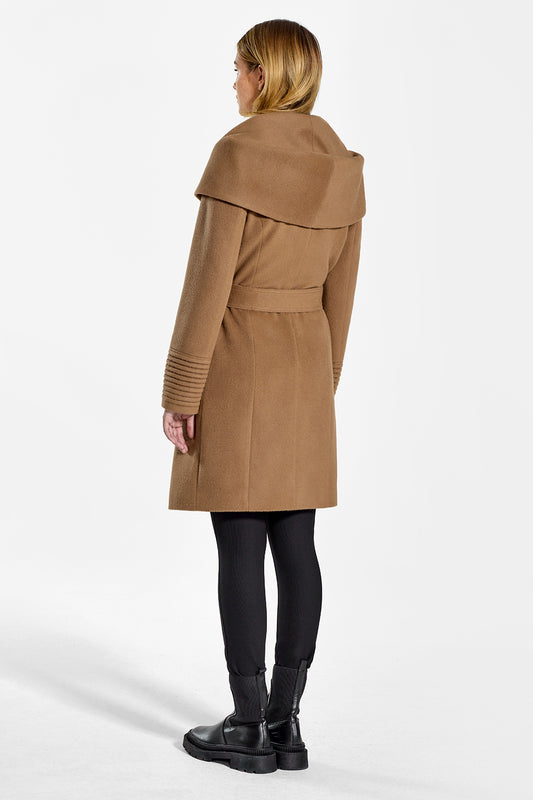 Sentaler Mid Length Hooded Wrap Coat featured in Baby Alpaca and available in Dark Camel. Seen from back on model.