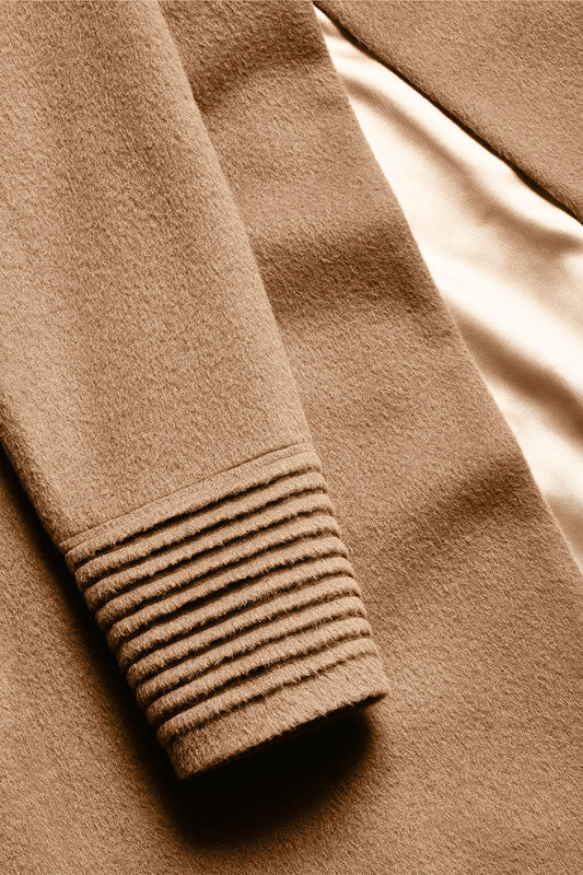 Sentaler Mid Length Hooded Wrap Coat featured in Baby Alpaca and available in Dark Camel. Seen as fabric swatch.