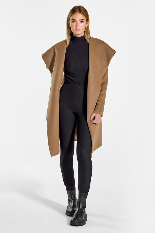 Sentaler Mid Length Hooded Wrap Coat featured in Baby Alpaca and available in Dark Camel. Seen from front open on model.