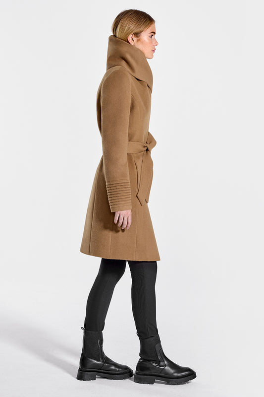 Sentaler Mid Length Hooded Wrap Coat featured in Baby Alpaca and available in Dark Camel. Seen from side on model.