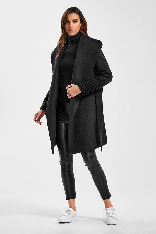 Sentaler Mid Length Shawl Collar Wrap Coat featured in Baby Alpaca and available in Black. Seen from side open on model.