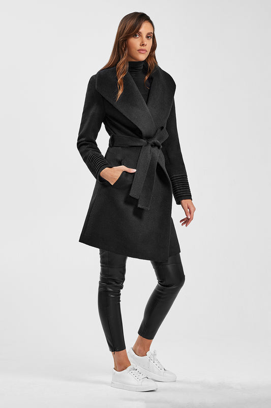 Sentaler Mid Length Shawl Collar Wrap Coat featured in Baby Alpaca and available in Black. Seen from side on model.
