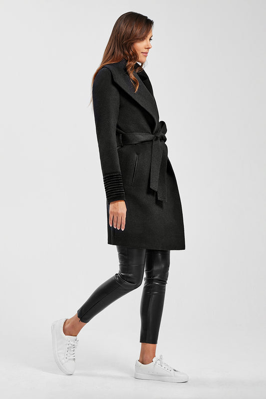 Sentaler Mid Length Shawl Collar Wrap Coat featured in Baby Alpaca and available in Black. Seen from side on model.