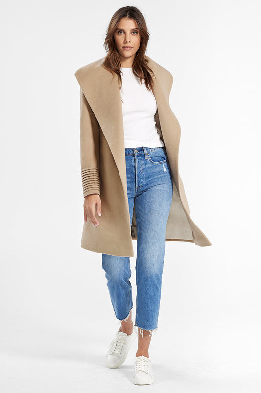 Sentaler Mid Length Shawl Collar Wrap Coat featured in Baby Alpaca and available in Camel. Seen from front open.
